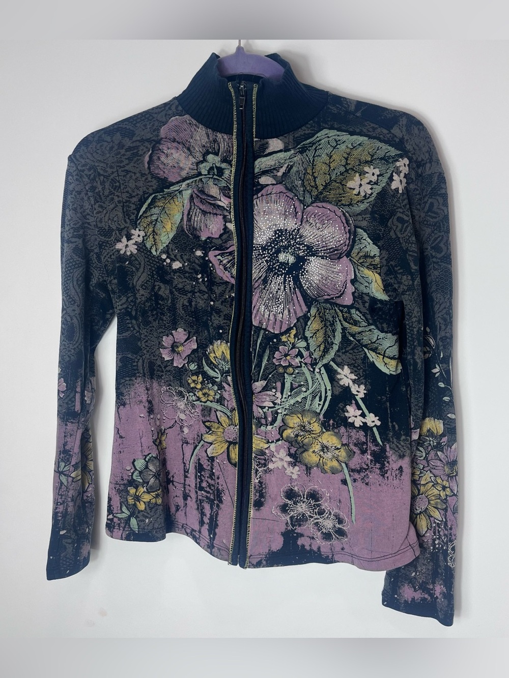 Y2K Vanilla Sugar Rhinestone Floral Full Zip-Up Jacket Black Lavender PM Medium